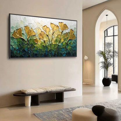 GILDED GINKGO: Textured Golden Floral Impasto Oil Painting | Abstract mood, soft natural light studio shot