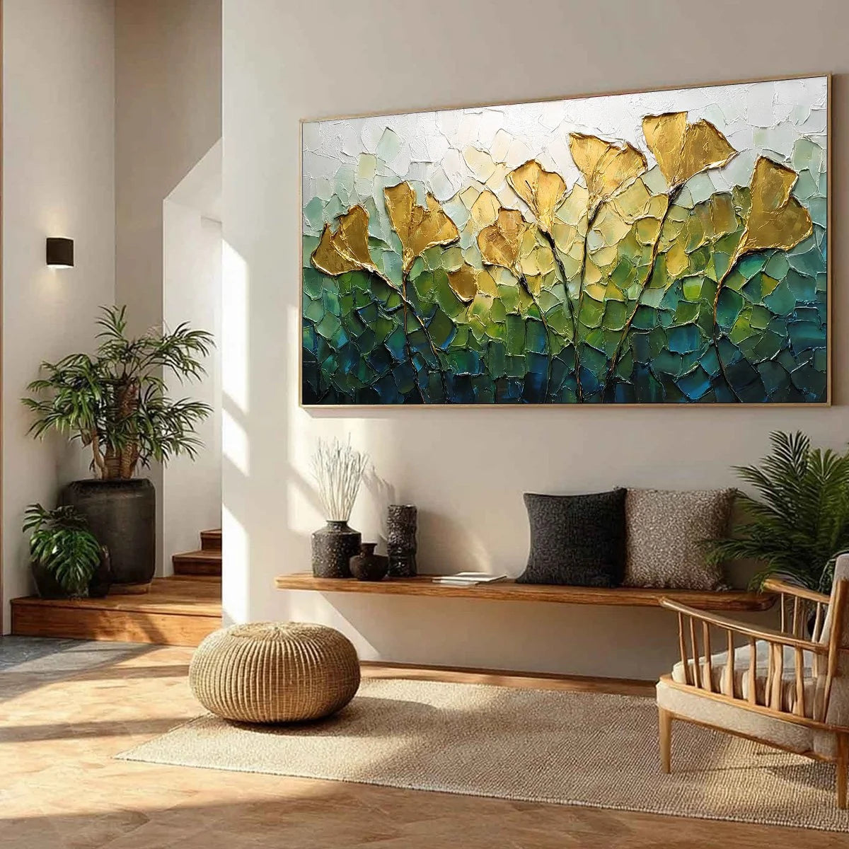 GILDED GINKGO: Textured Golden Floral Impasto Oil Painting | yellow palette, original oil on stretched canvas art