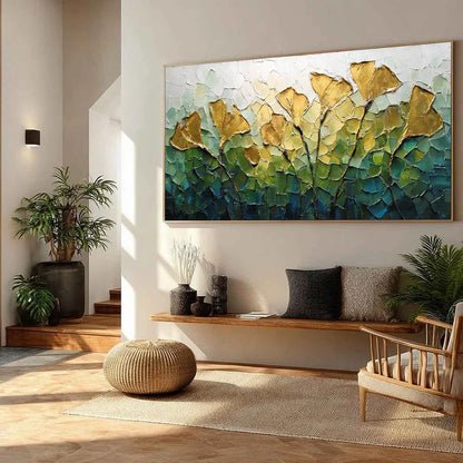 GILDED GINKGO: Textured Golden Floral Impasto Oil Painting | yellow palette, original oil on stretched canvas art