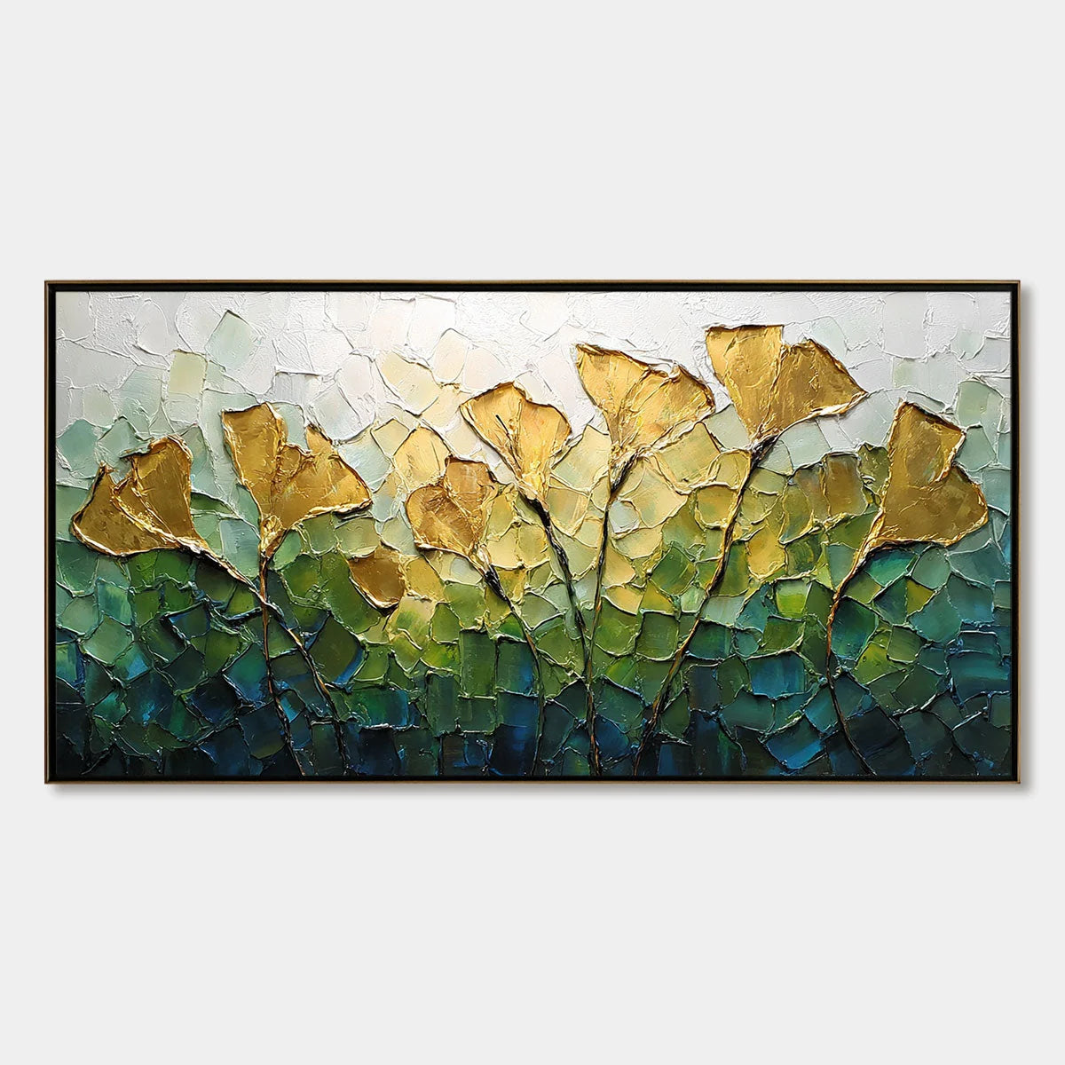GILDED GINKGO: Textured Golden Floral Impasto Oil Painting | hanging in living room, Abstract wall art