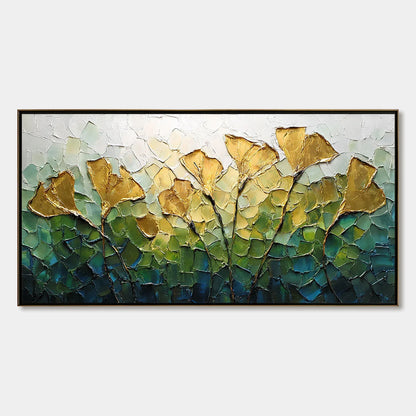 GILDED GINKGO: Textured Golden Floral Impasto Oil Painting | hanging in living room, Abstract wall art