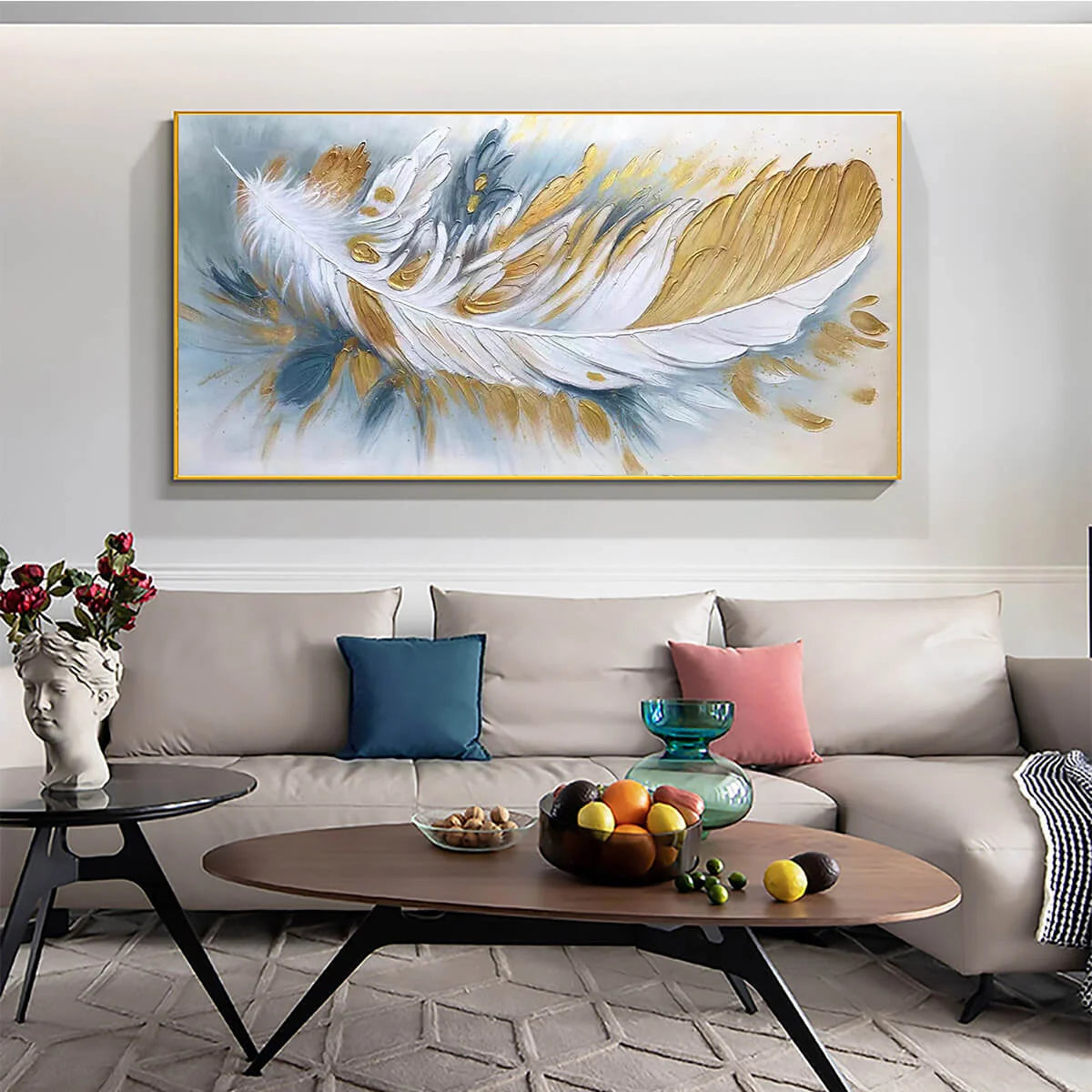 GILDED PLUME: Textured Feather Oil Painting Canvas Wall Art | Figurative closeup, raised brushwork detail