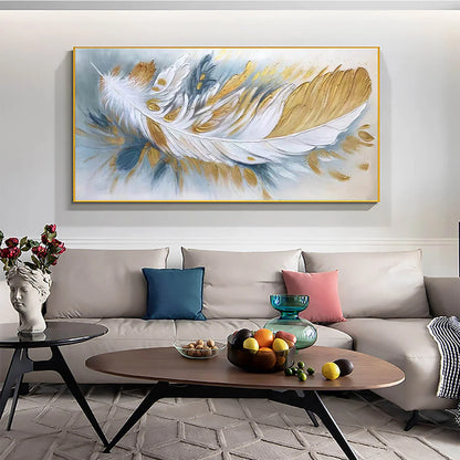 GILDED PLUME: Textured Feather Oil Painting Canvas Wall Art | Figurative closeup, raised brushwork detail