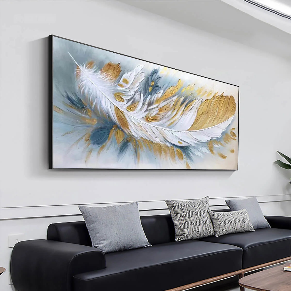 GILDED PLUME: Textured Feather Oil Painting Canvas Wall Art | gold frame stretched on neutral wall