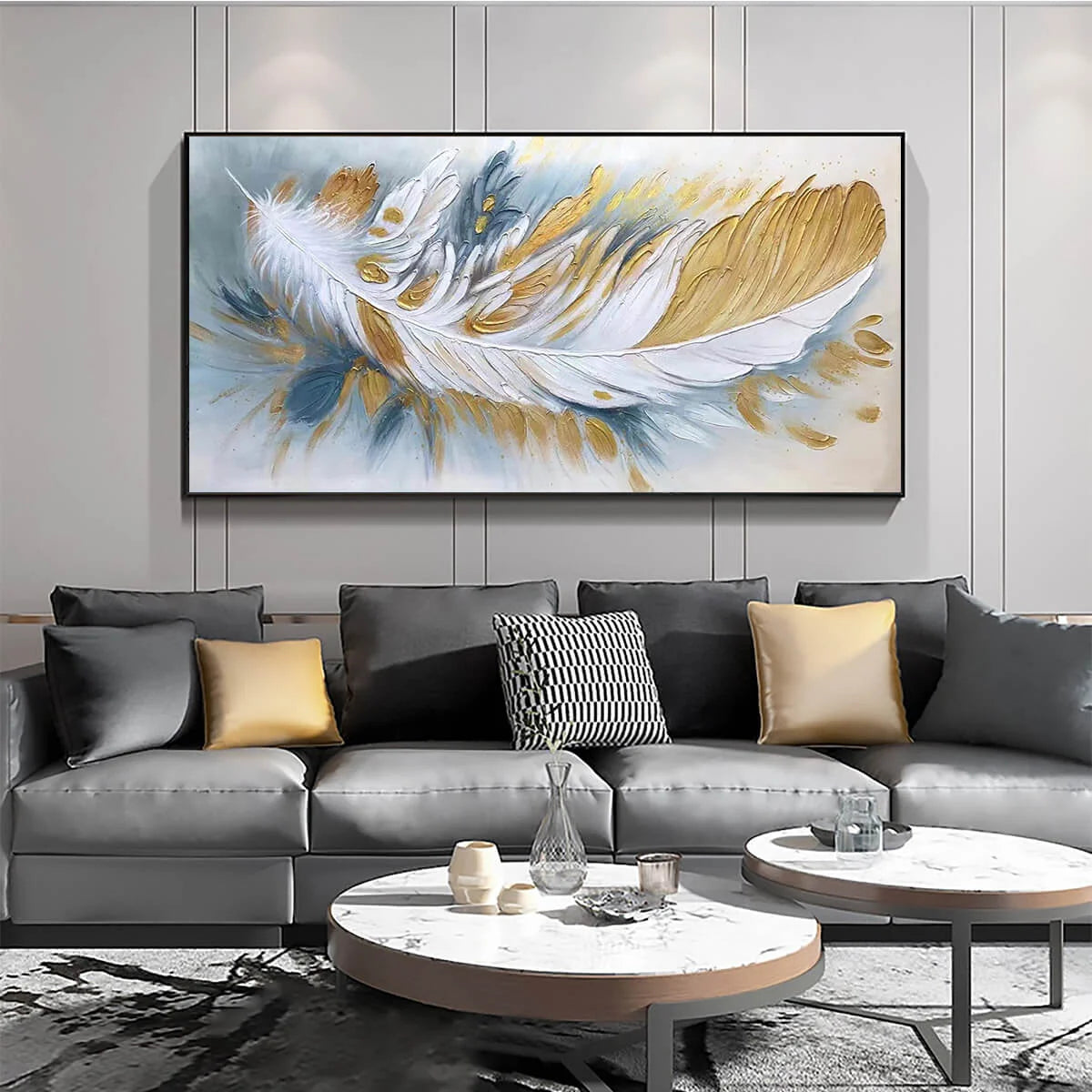 GILDED PLUME: Textured Feather Oil Painting Canvas Wall Art | black frame version on white wall