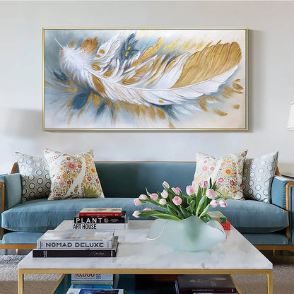 GILDED PLUME: Textured Feather Oil Painting Canvas Wall Art | Figurative mood, soft natural light studio shot
