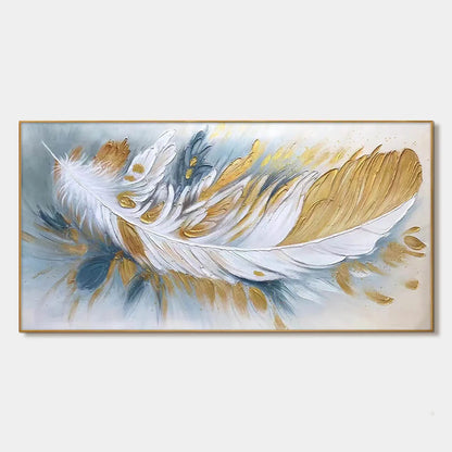 GILDED PLUME: Textured Feather Oil Painting Canvas Wall Art | hanging in living room, Figurative wall art