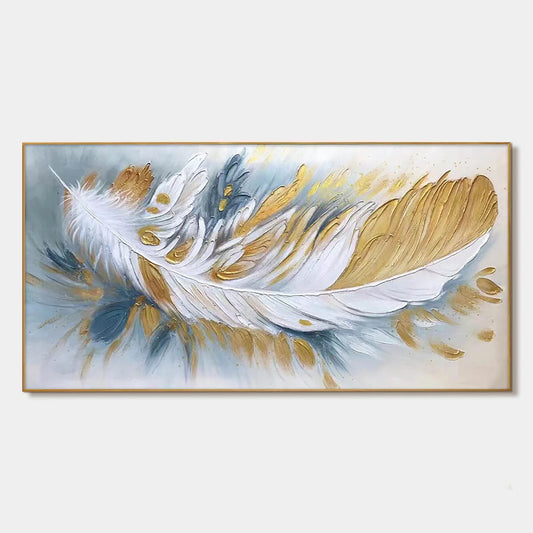 GILDED PLUME: Textured Feather Oil Painting Canvas Wall Art | hanging in living room, Figurative wall art