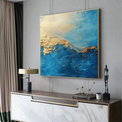 GILDED TIDEPOOL: Square Abstract Oil Painting with Gold Leaf and Blue | Abstract closeup, raised brushwork detail