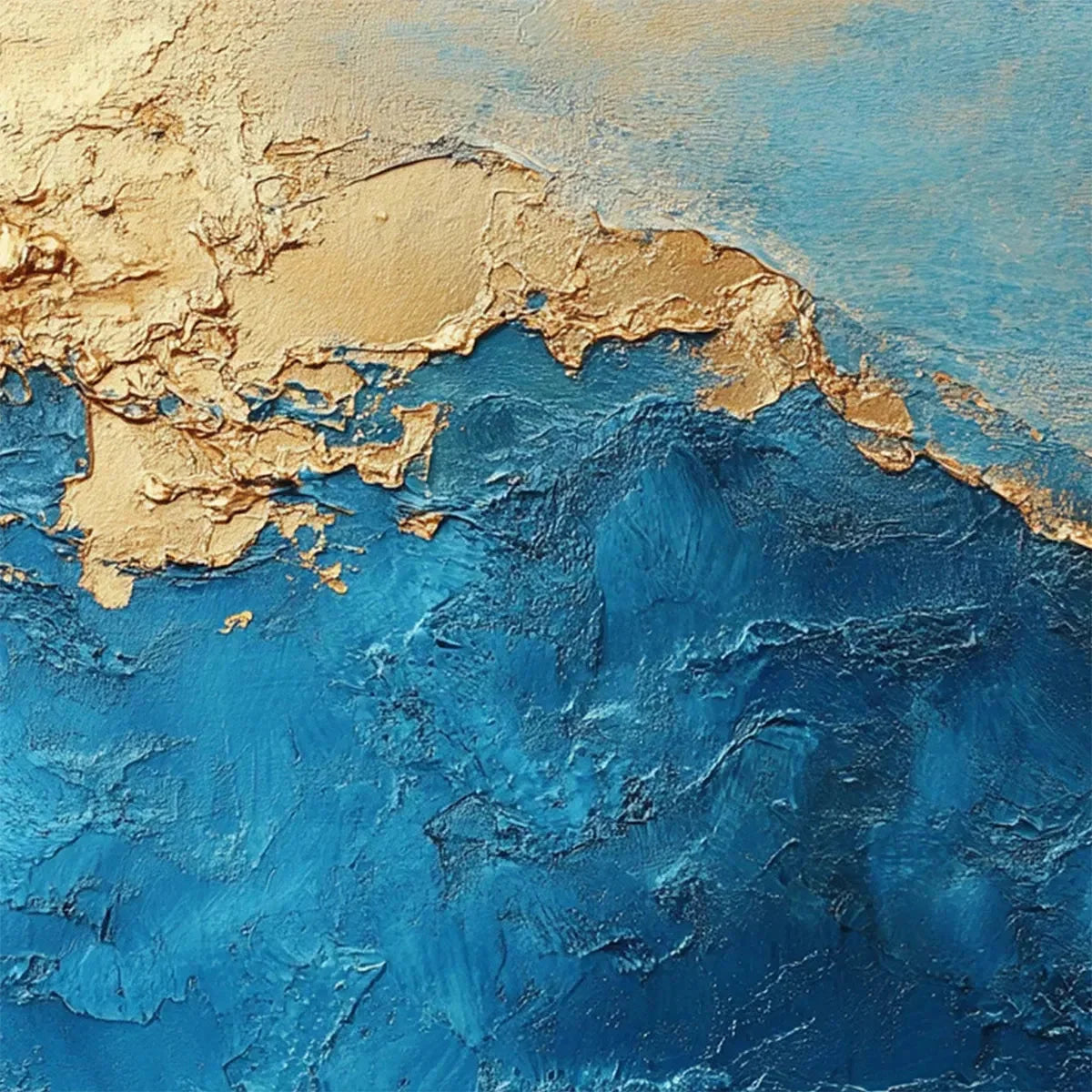 GILDED TIDEPOOL: Square Abstract Oil Painting with Gold Leaf and Blue | rectangular format, hand-painted canvas edge
