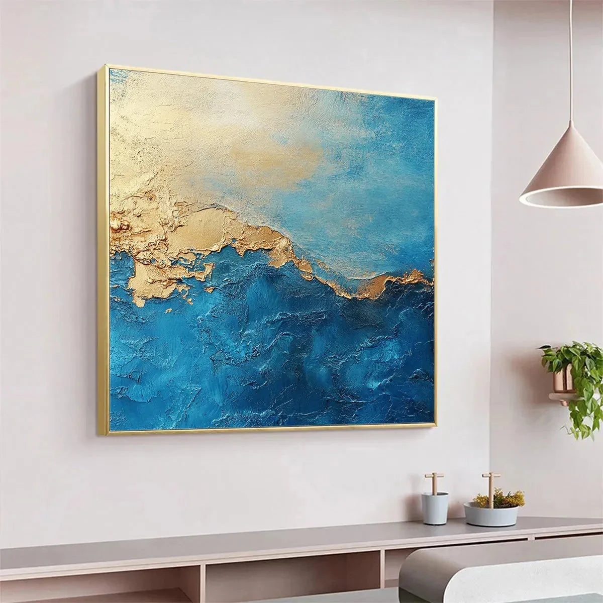 GILDED TIDEPOOL: Square Abstract Oil Painting with Gold Leaf and Blue | gold frame stretched on neutral wall