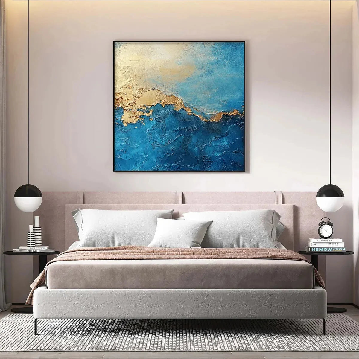 GILDED TIDEPOOL: Square Abstract Oil Painting with Gold Leaf and Blue | rolled canvas, ready for custom framing