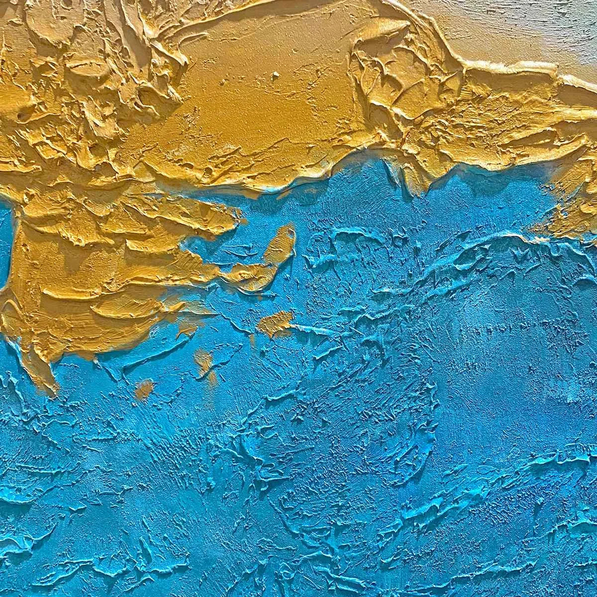 GILDED TIDEPOOL: Square Abstract Oil Painting with Gold Leaf and Blue | black frame version on white wall