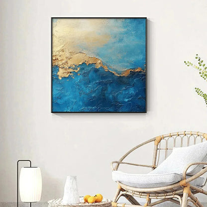 GILDED TIDEPOOL: Square Abstract Oil Painting with Gold Leaf and Blue | Abstract mood, soft natural light studio shot