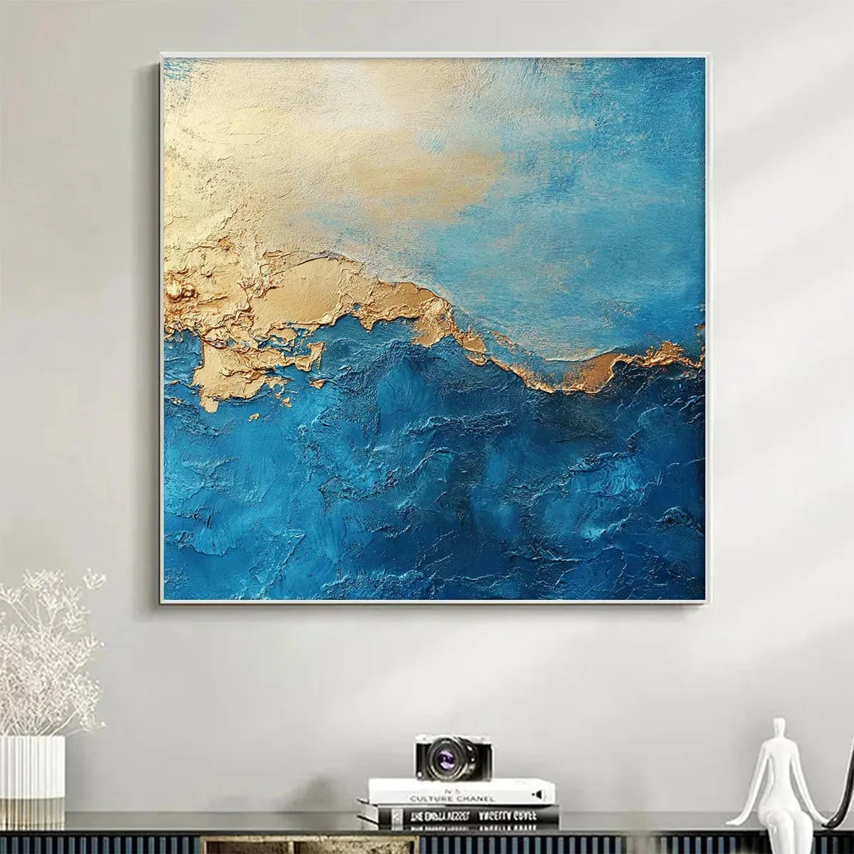 GILDED TIDEPOOL: Square Abstract Oil Painting with Gold Leaf and Blue | yellow palette, original oil on stretched canvas art