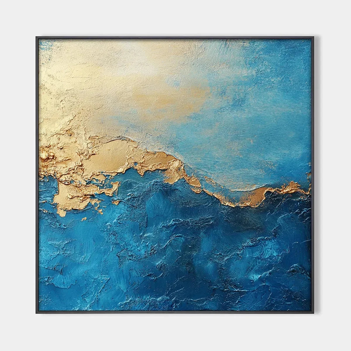 GILDED TIDEPOOL: Square Abstract Oil Painting with Gold Leaf and Blue | hanging in living room, Abstract wall art