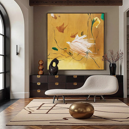 GILDED WING | Square Yellow Abstract Oil Painting for Wall Art | Abstract closeup, raised brushwork detail
