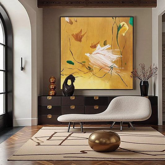 GILDED WING | Square Yellow Abstract Oil Painting for Wall Art