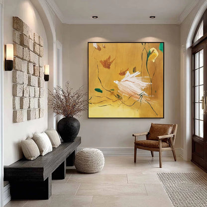 GILDED WING | Square Yellow Abstract Oil Painting for Wall Art | gold frame stretched on neutral wall