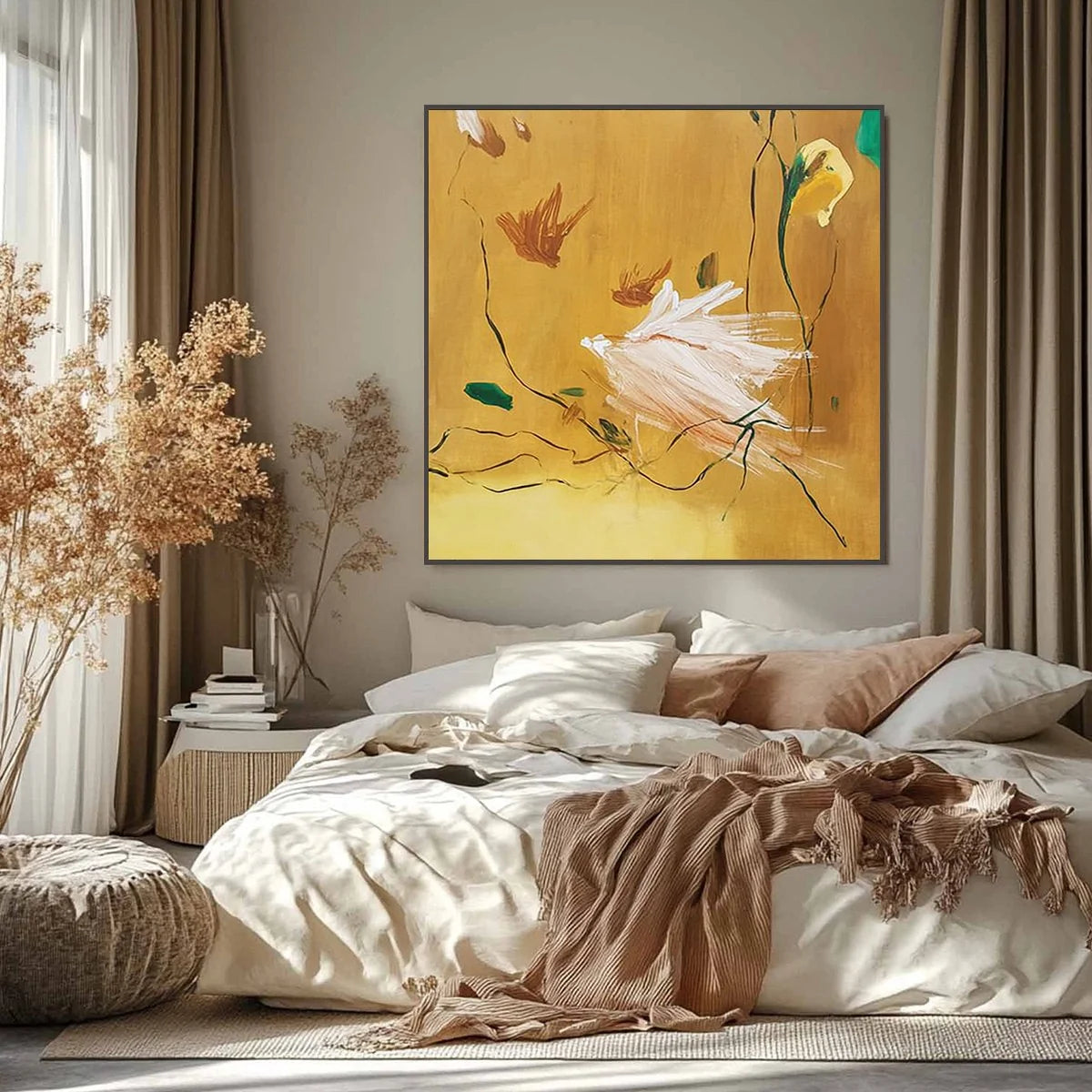 GILDED WING | Square Yellow Abstract Oil Painting for Wall Art | black frame version on white wall