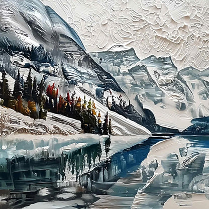 GLACIAL SERENITY: Heavily Textured Impasto Mountain Lake Painting | rectangular format, hand-painted canvas edge