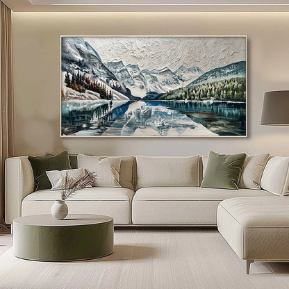 GLACIAL SERENITY: Heavily Textured Impasto Mountain Lake Painting | gold frame stretched on neutral wall