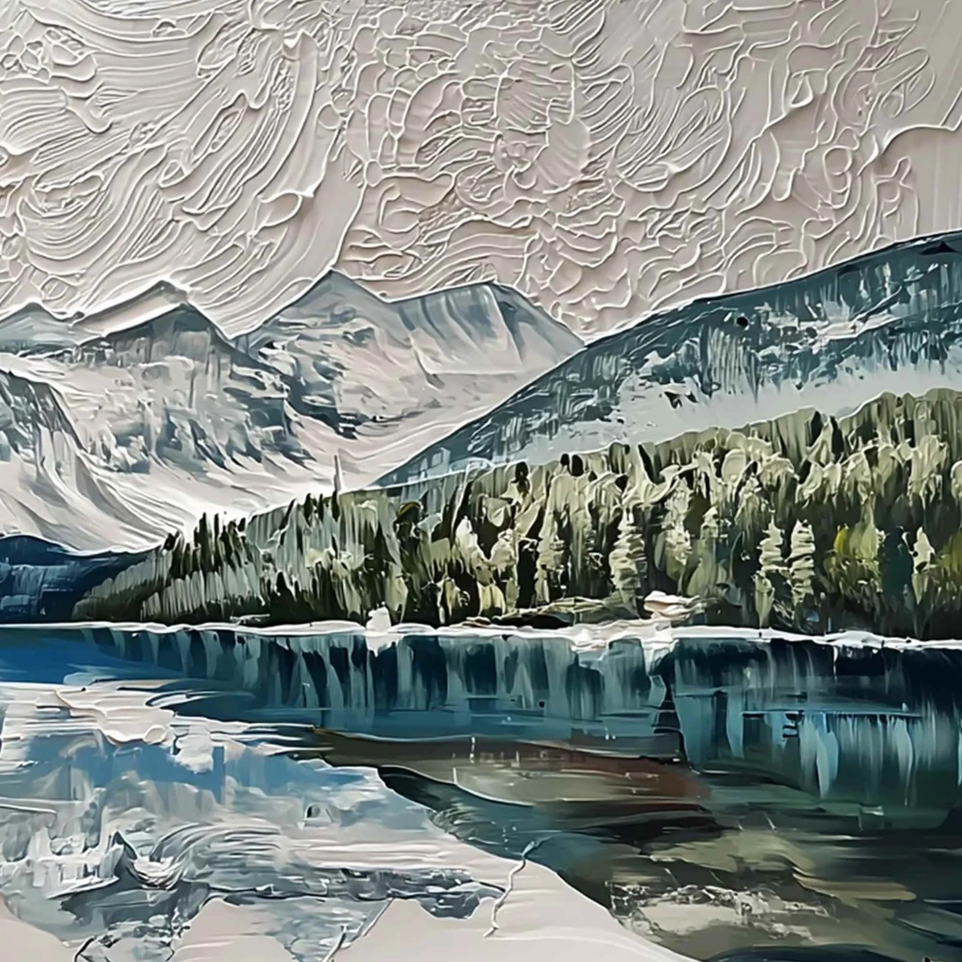 GLACIAL SERENITY: Heavily Textured Impasto Mountain Lake Painting | rolled canvas, ready for custom framing