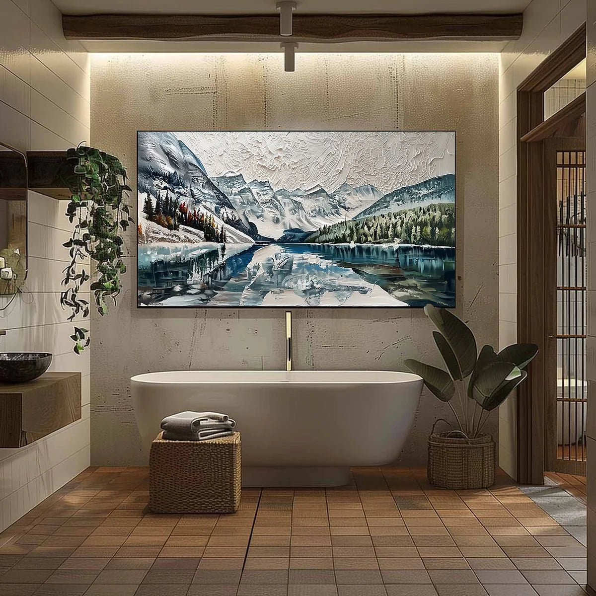 GLACIAL SERENITY: Heavily Textured Impasto Mountain Lake Painting | black frame version on white wall