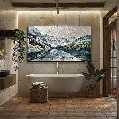 GLACIAL SERENITY: Heavily Textured Impasto Mountain Lake Painting | black frame version on white wall
