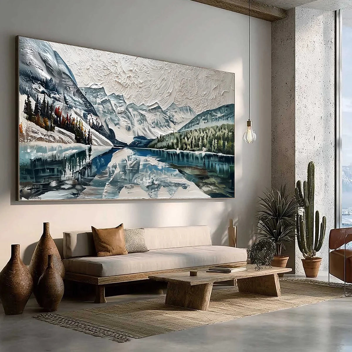 GLACIAL SERENITY: Heavily Textured Impasto Mountain Lake Painting | beige palette, original oil on stretched canvas art