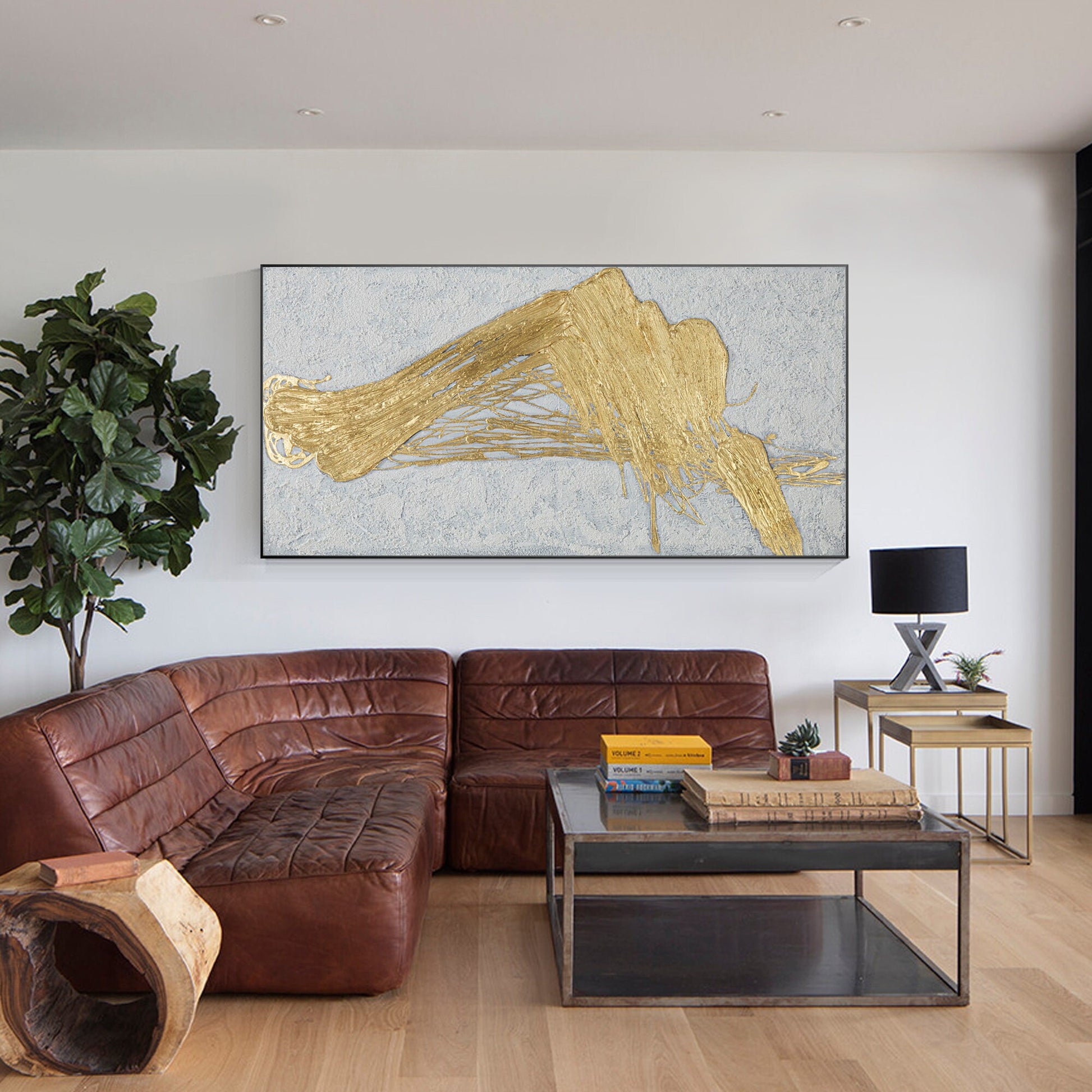 Gold Abstract Textured Painting: Original Framed Canvas Wall Art #4