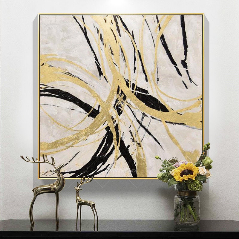 Gold art Abstract Paintings On Canvas art Modern Large Wall art black painting w #2
