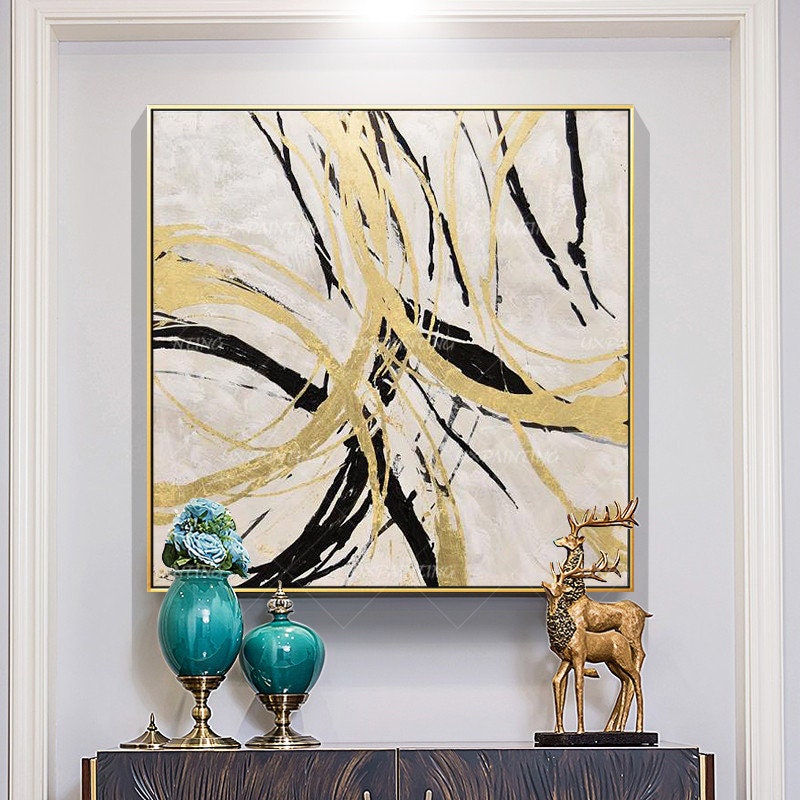 Gold art Abstract Paintings On Canvas art Modern Large Wall art black painting w #3