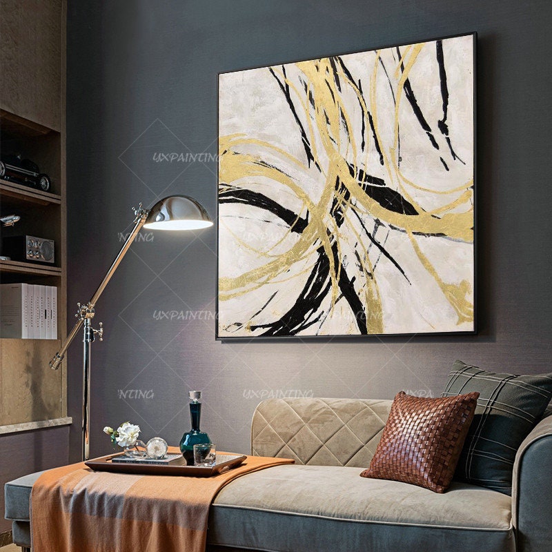 Gold art Abstract Paintings On Canvas art Modern Large Wall art black painting w #4