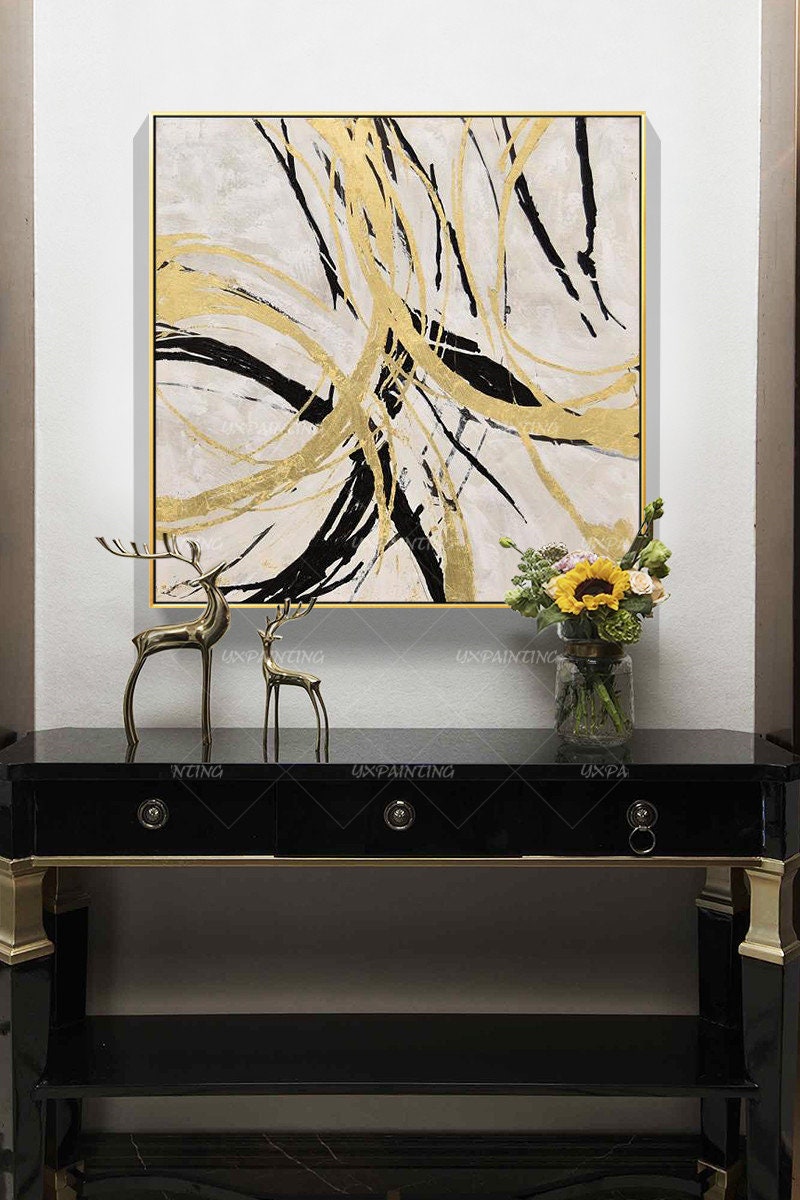 Gold art Abstract Paintings On Canvas art Modern Large Wall art black painting w #5