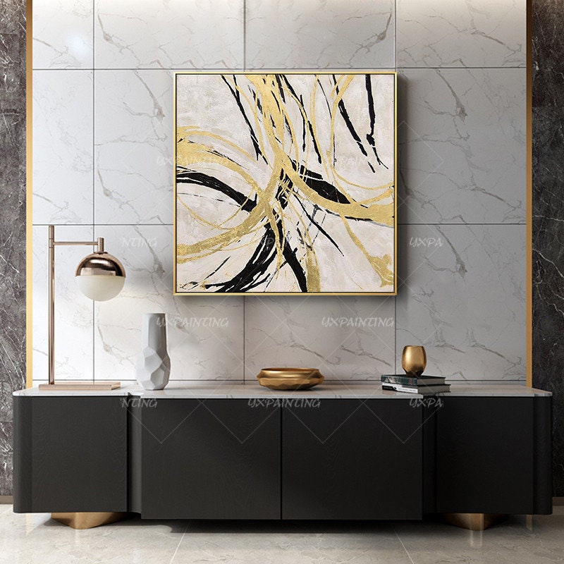 Gold art Abstract Paintings On Canvas art Modern Large Wall art black painting w #6