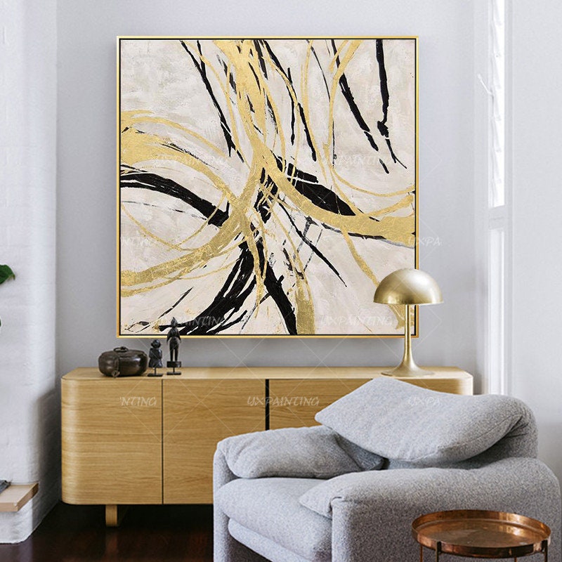 Gold art Abstract Paintings On Canvas art Modern Large Wall art black painting w #7