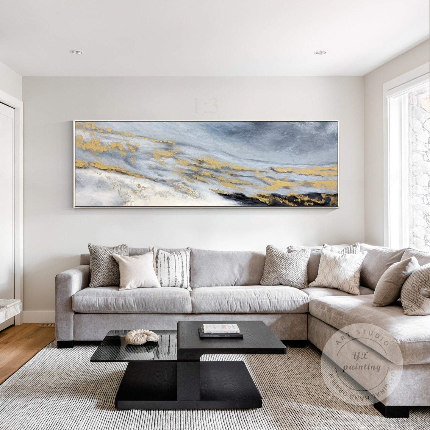 Gold Black Gray Long Horizontal Framed Wall Art, Abstract Original Painting on C #3