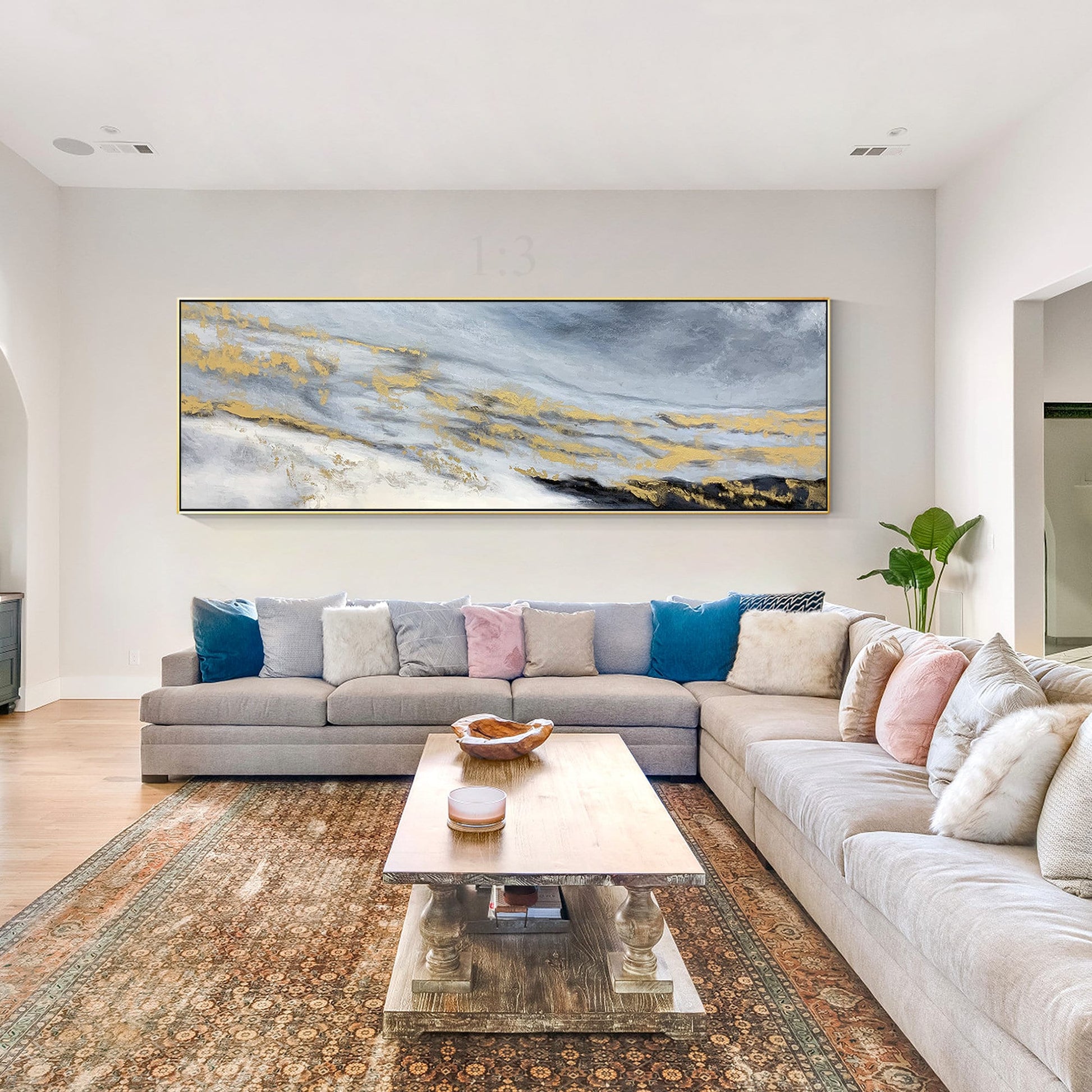 Gold Black Gray Long Horizontal Framed Wall Art, Abstract Original Painting on C #4