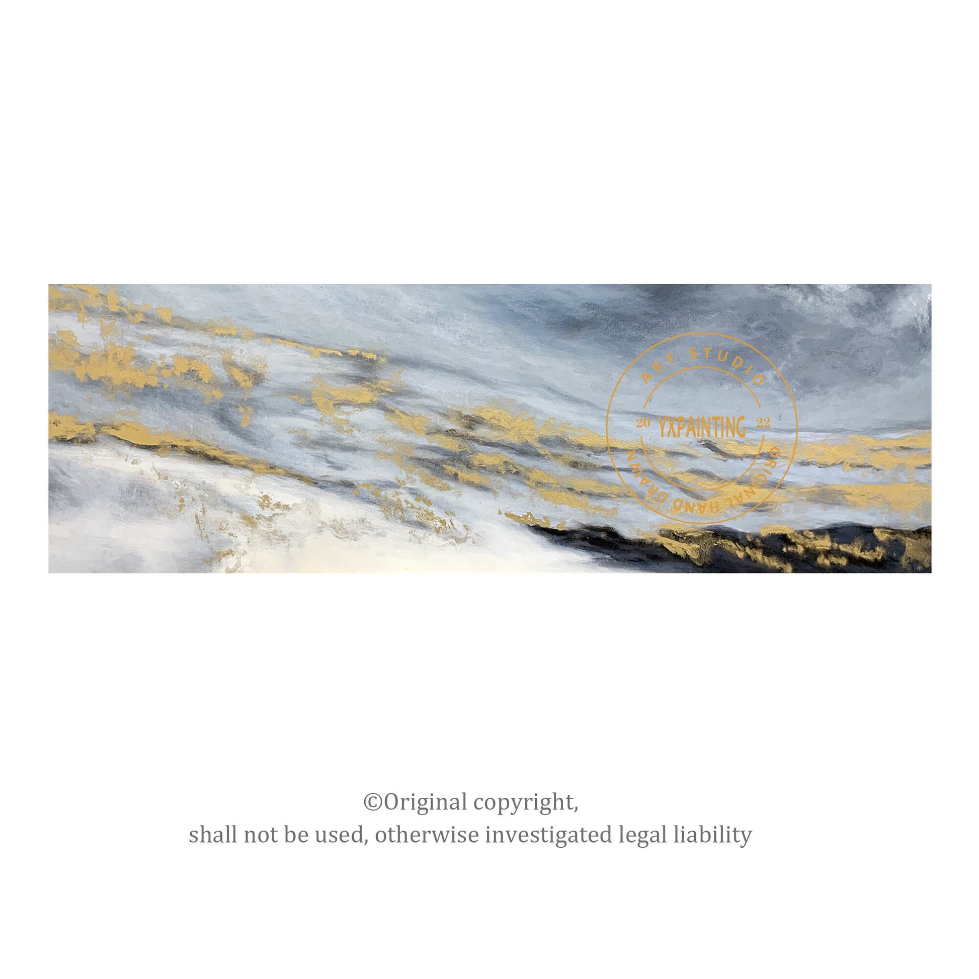 Gold Black Gray Long Horizontal Framed Wall Art, Abstract Original Painting on C #5
