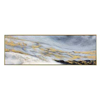 Gold Black Gray Long Horizontal Framed Wall Art, Abstract Original Painting on C #7