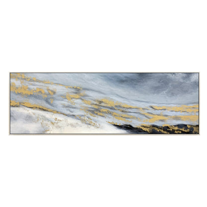 Gold Black Gray Long Horizontal Framed Wall Art, Abstract Original Painting on C #8