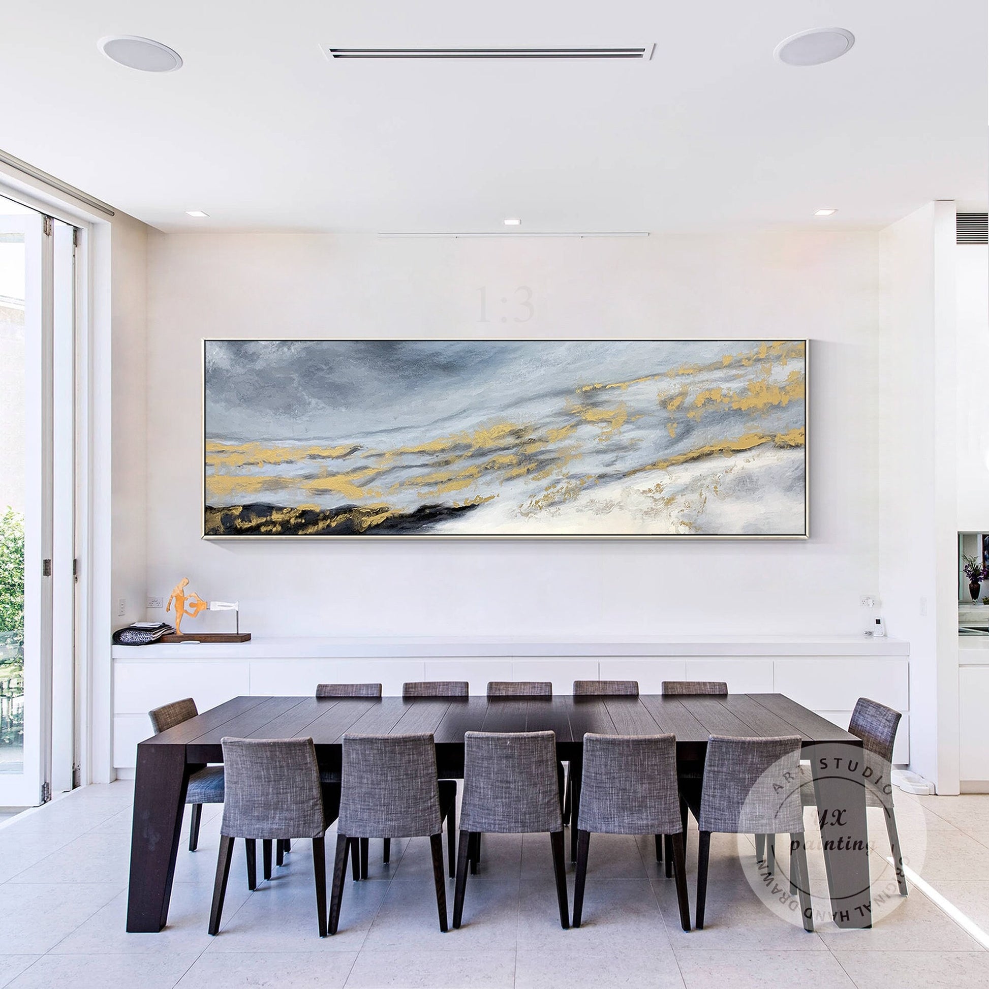 Gold Black Gray Long Horizontal Framed Wall Art, Abstract Original Painting on C #1