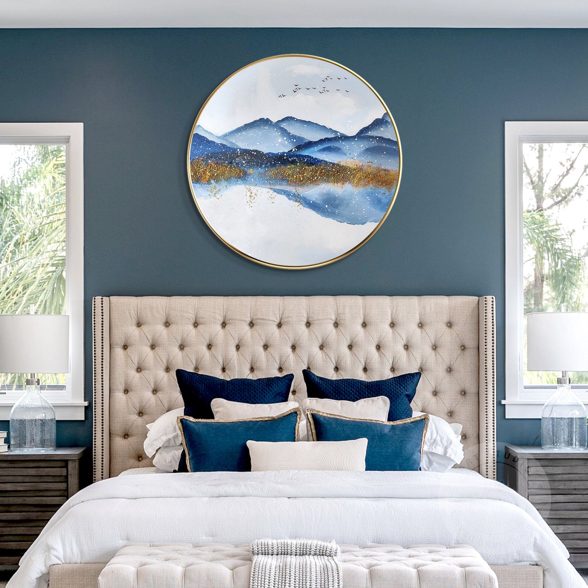 Gold Blue Mountain Round Framed Wall Art, Winter White Snow Mountain Landscape P #2