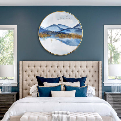 Gold Blue Mountain Round Framed Wall Art, Winter White Snow Mountain Landscape P #2