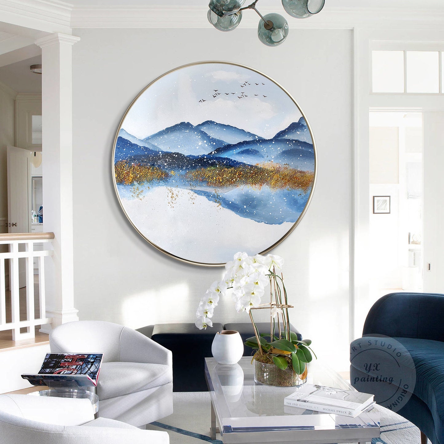Gold Blue Mountain Round Framed Wall Art, Winter White Snow Mountain Landscape P #3