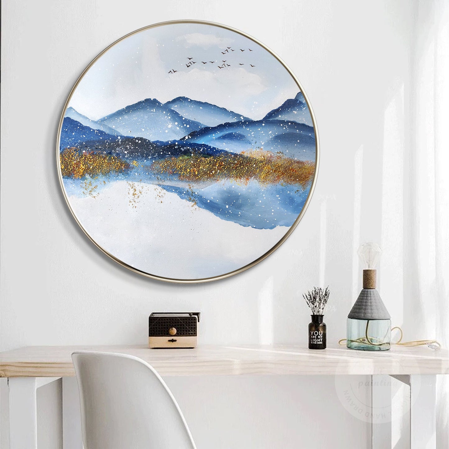 Gold Blue Mountain Round Framed Wall Art, Winter White Snow Mountain Landscape P #4