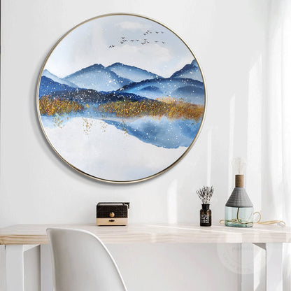 Gold Blue Mountain Round Framed Wall Art, Winter White Snow Mountain Landscape P #4