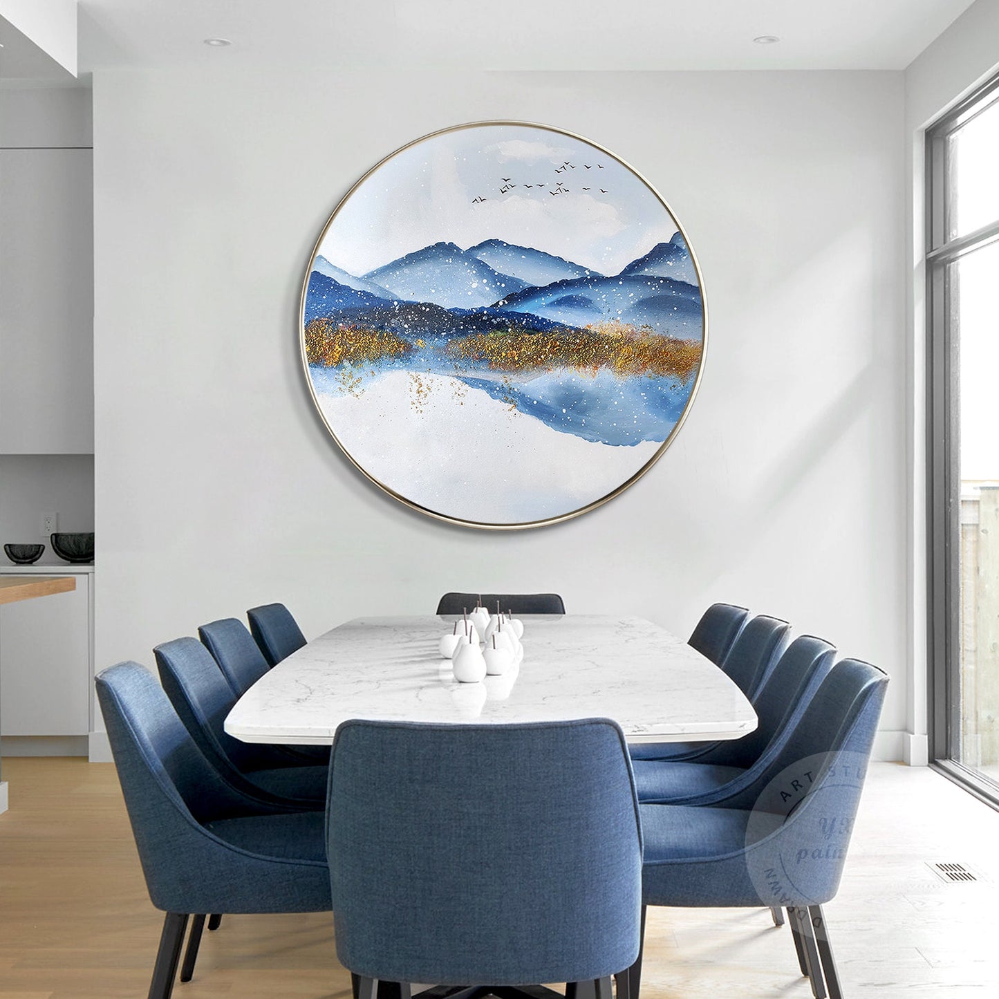Gold Blue Mountain Round Framed Wall Art, Winter White Snow Mountain Landscape P #5
