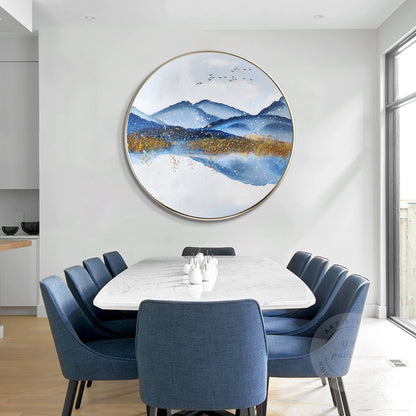 Gold Blue Mountain Round Framed Wall Art, Winter White Snow Mountain Landscape P #5